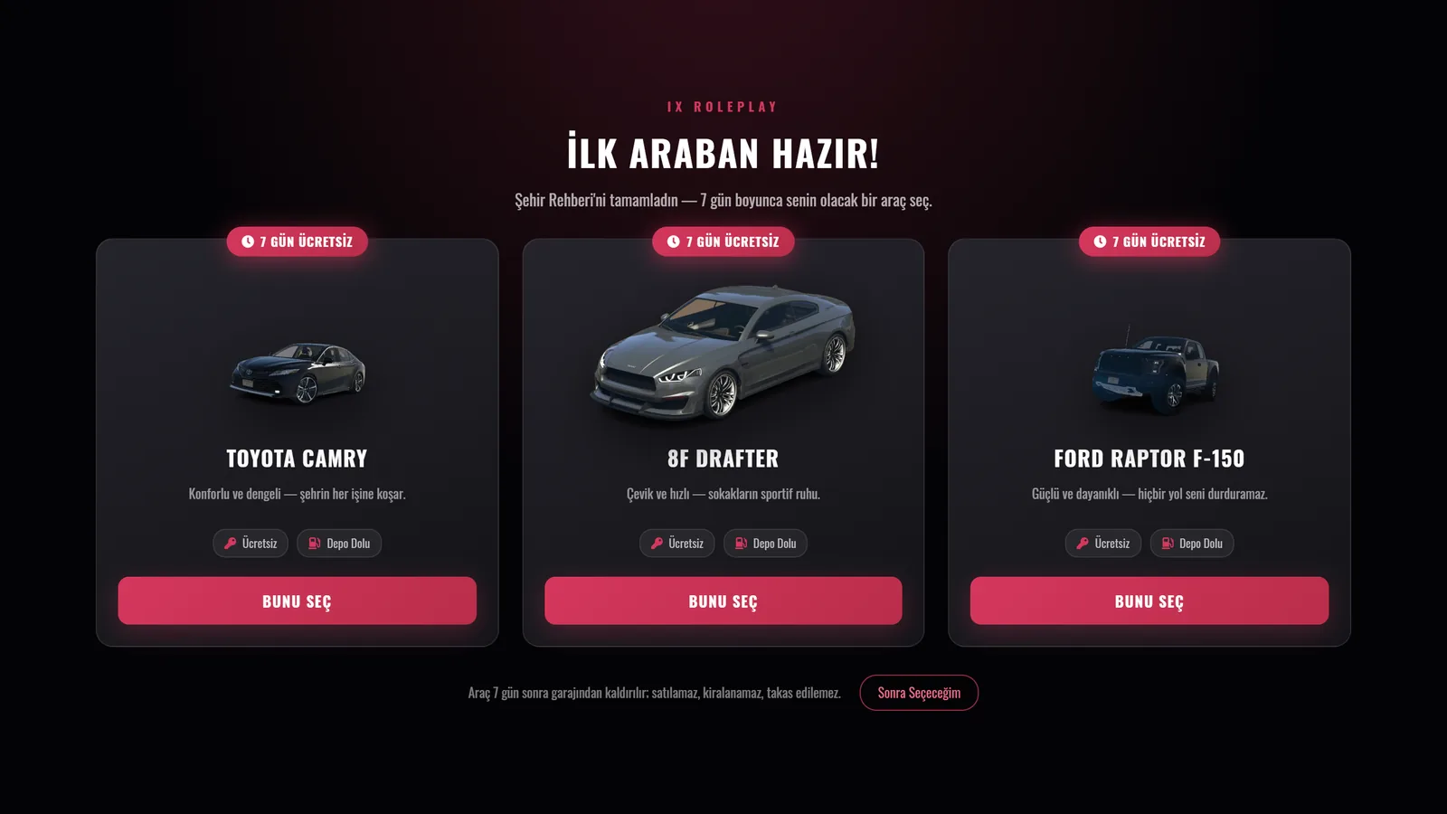 Başlangıç arabası seçim ekranı